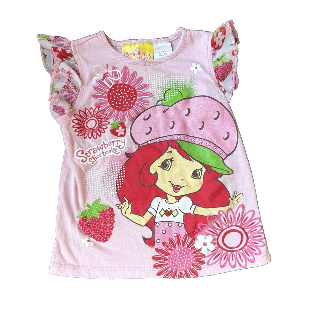 Vtg Y2K Glitter Strawberry Shortcake Girls Sz 5 Tshirt Sparkle Ruffle Sleeves